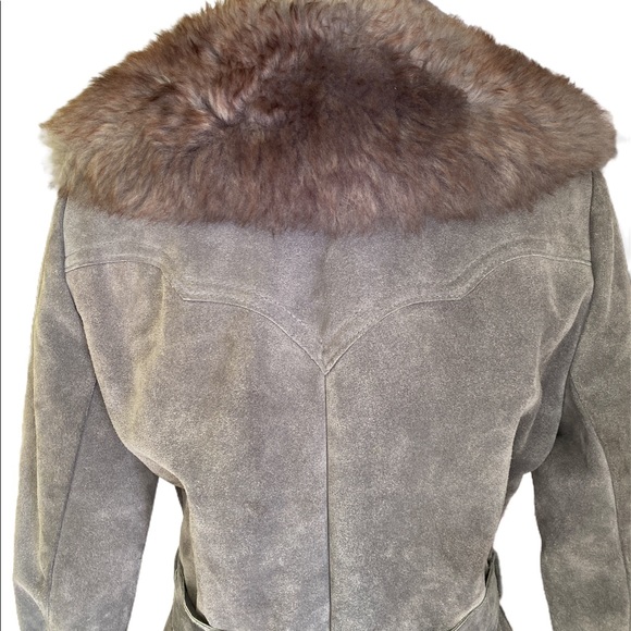 Vintage A&F 1970s Abercrombie Fitch Gray Suede Faux Fur Belted Coat Jacket - L - Picture 6 of 16